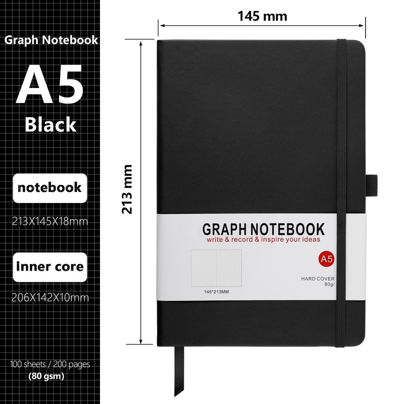 HIJYOO A5 Graph Paper Notebook, Squared Notebook 200 Pages A5