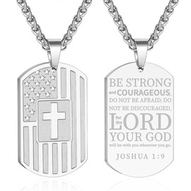 Eulinviak Stainless Steel Dog Tag Cross Pendant Necklace for Men, American Flag Bible Verse Pendant Necklace 24inch Chain Religious Patriotic Jewelry (Silver)