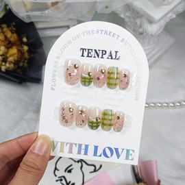 TENPAL French Tip Press on Nails Short Almond Cute Acrylic Pink Nails Press Ons Classic Checkered Grid Designs Fake Nails Reusable Full Cover Artificial Nails 10pcs Stick on Nails for Women Girls(L)