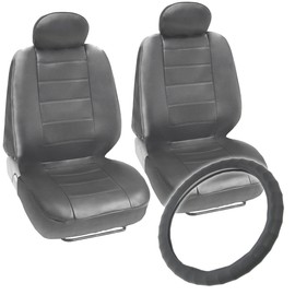 BDK Gray Leatherette Front Seat Covers + Genuine Leather Steering Wheel Cover