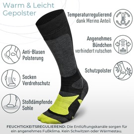 Piarini 2 pairs of unisex ski socks for men, women and children for winter sports snowboard breathable socks knee socks thermal socks function socks outdoor socks made from Merino wool. - Black with green