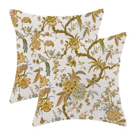 CXMEIFLY Summer Floral Birds Pillow Covers 20 x 20 Inch Set of 2 for Chinoiserie Flowers Spring Decor Throw Pillows Mustard Yellow Plant Outdoor Decorative Cushion Cases for Couch Bed Decorations