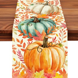 Pumpkin Fall Table Runner, Maple Leaf Autumn Thanksgiving Kitchen Table Decorations for Home Party Decor 13×72 Inches