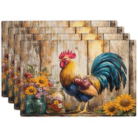 Farmhouse Rooster - Juego de 4 manteles individuales de gallina rústica, manteles individuales lavables para cocina, comedor, decoración del hogar, 18 x 12 pulgadas de ancho