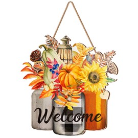 Thanksgiving Welcome Door Sign Pumpkin Hanging Door Decor Fall Wooden Sign Autumn Door Decorations Pumpkin Maple Leaves Door Hanger for Outdoor Farmhouse Porch Front Door