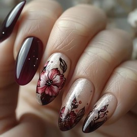 Flower Press on Nails Almond - Wine Red Fake Nails, Medium Length Retro Flowers Glue on Nails for Women, Natural Fit Artificial Nails, Reusable Stick on Nails - 24Pcs French False Nails Kit