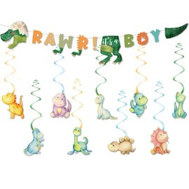 Owelleny Boy Dinosaur Baby Shower Decorations Banner and Party Swirls Set, Jungle Animal Dino Theme Rawr It's a Boy Party Banner and Hanging Set Supplies Decorations