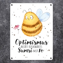 Pummel Bee Metal Sign in 15 x 20 cm with Saying Optimismus heißt rückwärts Sumsi mit Po ein süße Schild für Bienhalter Bumblebee Honey Spring Tin Sign Flower Meadow Birthday