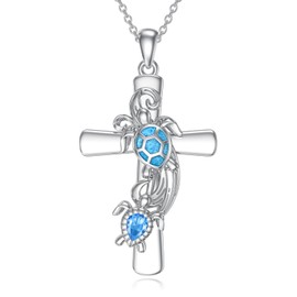 Flpruy Turtle Necklace for Women 925 Sterling Silver Sea Turtle Cross Pendant Crystal Mother Daughter Necklace Jewelry Gifts