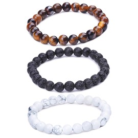 Unendlich U Cool Unisex Buddha Bracelet 9 mm Energy Stone Beads Prayer Mala Stretch Energy Bracelet Brown / White / Black (Lava Stone), Copper