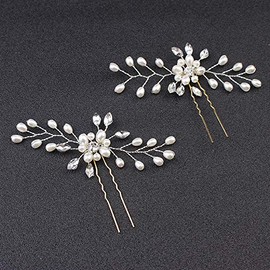 Bridal Wedding Hair Pins，Sliver Rhinestone Pearl Hair Clips Headpiece Vintage Wedding Hair Accessories for Brides Bridesmaids Flower Girls (2pcs Pearl Rhinestone)