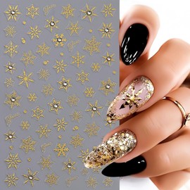 6PCS Christmas Snowflake Nail Stickers 3D Self-Adhesive Nail Decals with Diamonds Snowflake Nail Design Black White Gold Crystal Snowflake Nail Stickers for Women Winter Holiday Manicure Decorations