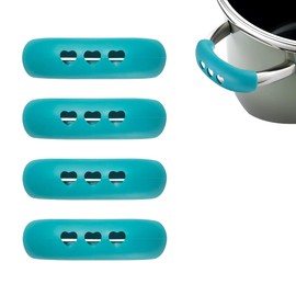 4 pieces heat resistant assist grip clamp handle pot handle ear cover, non-slip pot handle cover made of soft plastic, pot handle heat protection, kitchen aid pan protector in blue, easy to clean