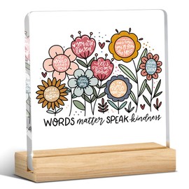Mental Health Decor, Motivational Gifts for Women Men, Boho Floral Inspirational Acrylic sign with Wooden office Accessories Bedroom Dorm Apartment Decoration-Words Matter Speak Kindness
