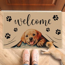 Welcome Cute Dog Door Mat, Cat Footprint Non Slip Entrance Floor Mat, Labrador Puppy Decor, 29 x 17 Inch Rubber Kitchen Doormat for Indoor Outdoor Holiday Decoration