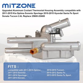MITZONE Aluminum Coolant Thermostat Housing Assembly for 2011 2012 Kia Sportage EX Sorento Santa Fe Sport 2.4L 2011-2016 Hyundai Sonota Senta Tucson 2010-2016 L4 with Sensor Gasket 256002G500