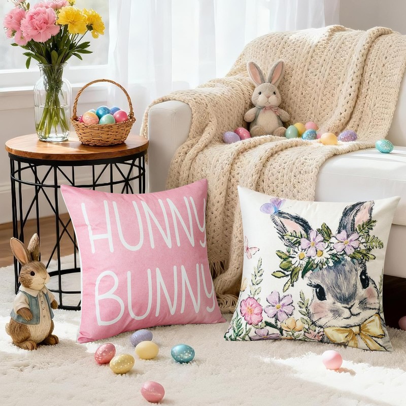 Artscope Happy Easter Rabbit Eggs Throw Pillow Covers 18x18 Inch
