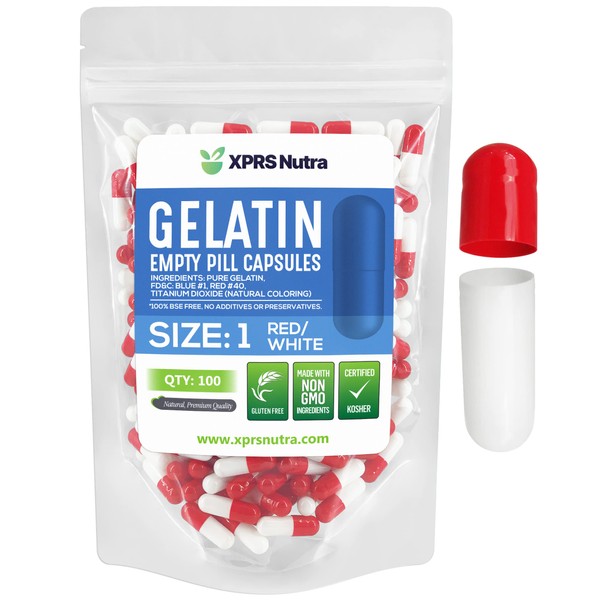Cápsulas de gelatina vacía Capsules Express, tamaño 1, color rojo y blanco, Kosher – Cápsula de gelatina pura – Relleno de polvo DIY (100)