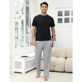 TeJoyce Mens Pyjamas Set Cotton Short Sleeve and Pants 2 Piece PJ Set Soft Comfy Loungewear O-Nect Men's Nightwear Set with Pockets Black