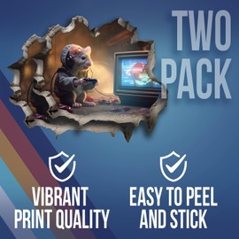 Mouse Playing Video Games Hole in Wall Sticker - Funny Hole in Wall 3D Peel and Stick Sticker Decal for Teen Dorm - Premium Quality Vinyl Stickers 2-Pack | 5-Inch on Widest Side | Made in USA FHJ1385