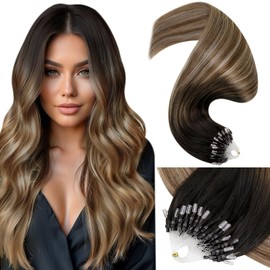 LaaVoo LaaVoo Micro Beads Ring Hair Extensions Balayage Darkest Brown to Medium Brwon and Dark Blonde Micro Loop Hair Extensions 16 Inch 50 Strands 50g Remy Straight Real Human Hair Extensions #2/6/18