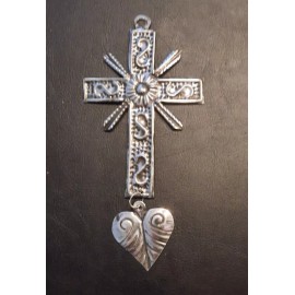 Tin Mexican Cross with dangling Heart Mexico Ornament Milagro Milagros