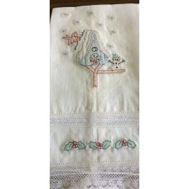 HANDMADE SHADOW WORK CHRISTMAS LINEN & LACE TOWELS W/ BIRDHOUSE & REINDEER- 2 IN 1 SET