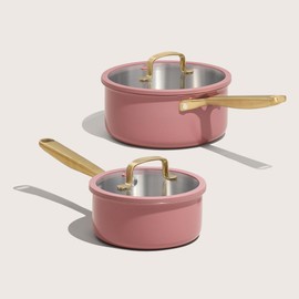 CAROTE 1.6Qt & 3.0Qt Fully-Clad 3-Ply Stainless SteelSauce Pan Set with Lids Small Kitchen Pans,Outer CeramicLayer,Even Heating, Fits all stoves,Oven & DishwasherSafe,Stay Cool Handle,Pink