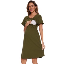 Sosolism Nursing Nightgown 3 in 1 Delivery Labor Hospital Maternity Nightgowns Short Sleeve Dress Sleepwear Gowns for Women Army Green