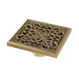 Wealrit 4 Inch Square Shower Floor Drain Antique Brushed Brass Bathroom Shower Drain with Removable Cover Flower Carved(Style 2)