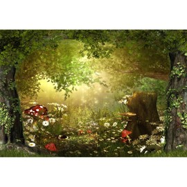 Xiaoterna 7x5ft Fairy Tale Mushroom Garden Photography Backdrop - Enchanted Forest, Woodland Fantasy - Green Vinyl