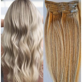 Hair Faux You 16" 140 grams, Seamless Clip in 100% Human Hair Extensions 8Pcs,20 clips #B7/18 Dark Ash Blonde mixed with Honey Blonde