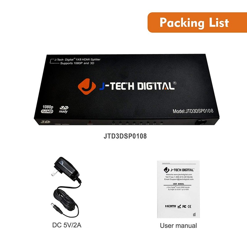 J-Tech Digital JTD3DSP0108 8-Port HDMI v1.3 1-Input 8-Output 1x8 1080P