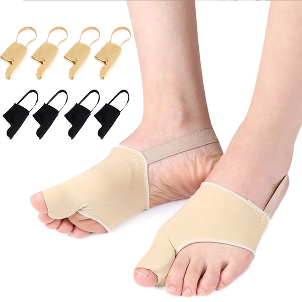 Silkwish Pack of 4 Hallux Socks, Hallux Valgus Socks, Hallux Valgus Toe Separator, Large Toe & Foot Toe Relief Forefoot Pads, for Pain Relief for Hallux Valgus (2 Skin-Coloured, 2 Black)