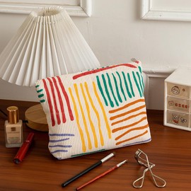 Large Cosmetic Pouch,Portable Makeup Bags with Zipper Soft Travel Toiletry Organizer Washable Pencil Case for Women Girls,Beige Colorful Stripes