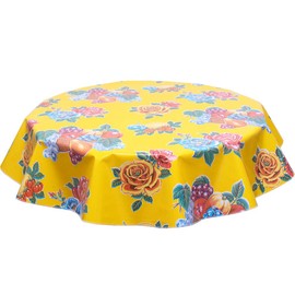 Round Freckled Sage Oilcloth Tablecloth in Lemon and Roses Yellow - You Pick The Size!