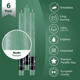 SPAAS Rustic Green Dinner Candles - 10" Tall Rustic Candles, Set of 6 Dripless Green Candles - Unscented Long Burning Decorative Candles for Home Decor, Table Candles, Party, Weddings, and Holiday