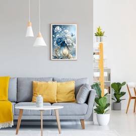 GDYEEH DIY 5D White and Blue Flowers Diamond Art Painting Kits, Full Round Drill Sparkling Diamond Painting Picture, Diamond Painting Art Craft Kits for Adults Beginners, Home Wall Decor 30x40cm