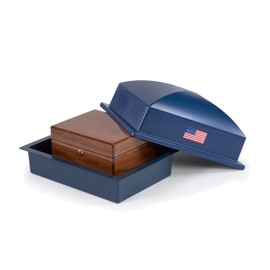 Crowne Vault Urn Vault for Underground Burial | Fortified Container to Hold Adult Human Ashes and Cremation Urns for Cemetery and Ground Burial | Made in the USA | Regent | Navy with American Flag