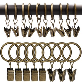 AMZSEVEN 100 Pack Metal Curtain Rings with Clips, Drapery Clips with Rings, Drapes Rings 1 in I D, Fits Diameter 6/8 in Curtain Rod, Vintage Bronze