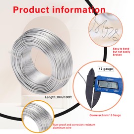 12 Gauge 2mm Silver Aluminum Craft Wire,100 Ft/30m Bendable Metal Crafting Wire for Sculpting,Bike Modelling Skeleton Crafting Floral Making Wire,Jewelry Making Wire,Binding Wire for Xmas Wreath Wire