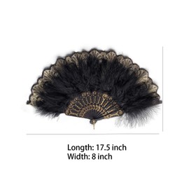 Happy Feather Embroidered Flower Marabou Feather Fan, 1920s Vintage Style Flapper Hand Fan for Costume Party Dancing-Black