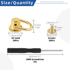 Glarks 21pcs D Ring Rivets 5 Colours Ball Post Head Buttons Metal D Ring Stud Rivets Rotatable Round Rivets with Screwdriver, for Bags, Belts (Gold)