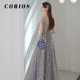 CORIOS Women's Rhinestone Evening Bag Elegant Round Bridal Bag Diamond Clutch Bag Luxury Wrist Bag Removable Chain Handbag Small Bag for Wedding Evening Party Dance Party Birthday, Jewel blue, Elegant