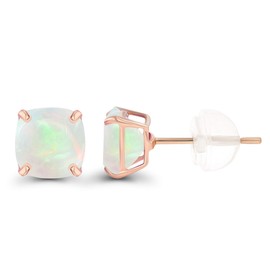 Solid 14K Rose Gold 6mm Cushion Natural Opal October Birthstone Genuine Stud Earrings For Women