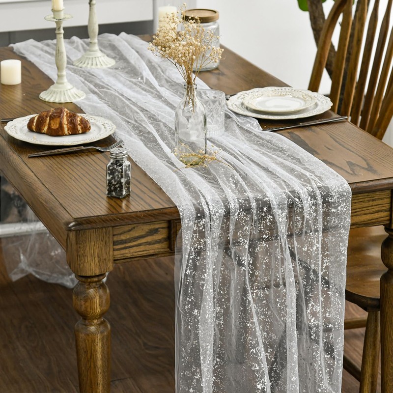 Artoid Mode White Silver Gauze Table Runner 70x300 cm, Glitter