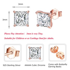 Shuxin Silver Stud Earrings for Women, 925 Sterling Silver Square Stud Earrings, Small Sleeper Cartilage Tragus Studs, 3mm Rose Gold Tiny Princess Cut Cubic Zirconia Stud Earrings, Gift for Christmas
