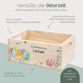 wunderwunsch Osterkiste, Osterkorb, Osternest, Osterkörbchen personalisiert, Ostergeschenk Kinder, Osterdeko Holz, individualisiert mit deinem Wunschnamen (Ostereier Girlande, klein 30x20x13)
