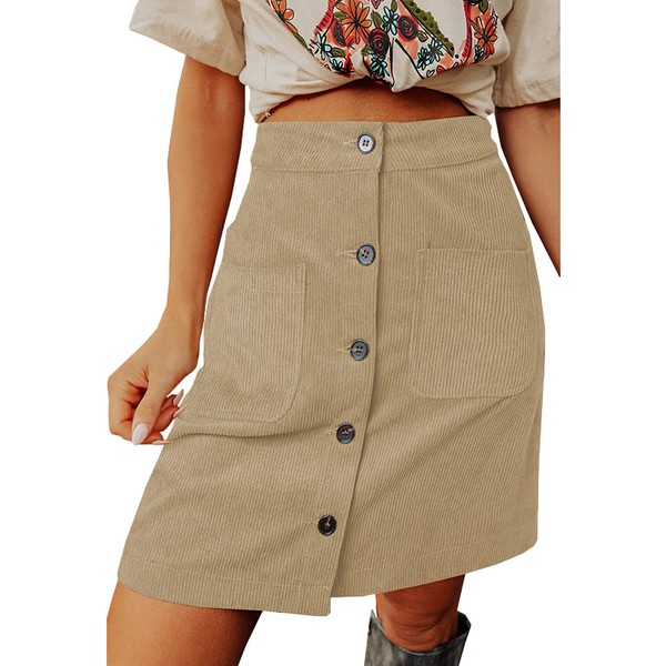 Women's Knee-Length Corduroy Skirt with Pockets, High Waist, Button Front,