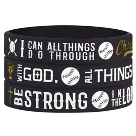 Sainstone Power of Faith Baseball Bible Verse Silicone Wristbands with Christian Inspirational Sayings, Set 3 of Scriptures Motivational Rubber Bracelets Sports Gifts1 (Black Golden)